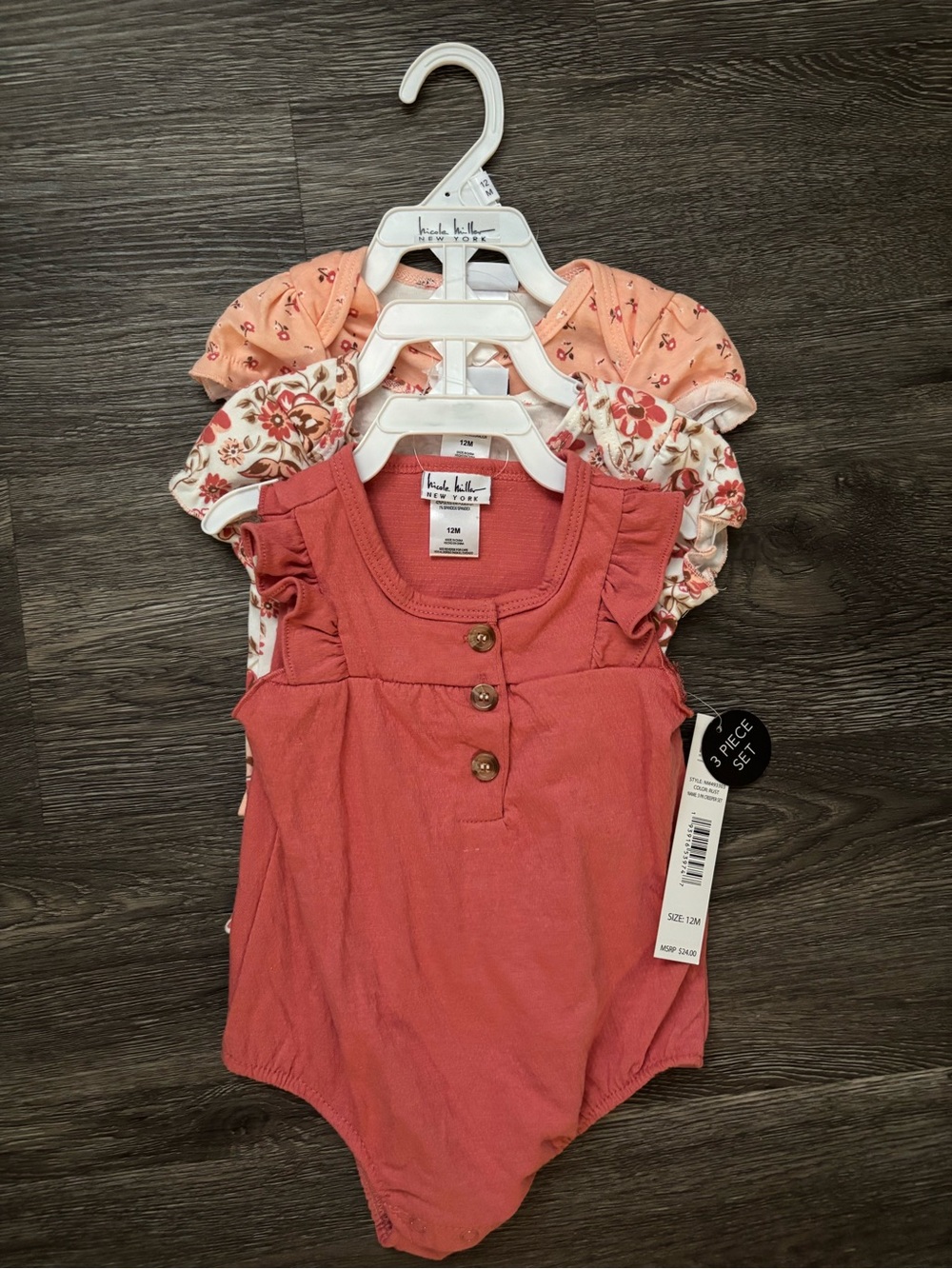 Nicole Miller Girls 3-Piece Bodysuit Set - Coral, Peach, Cream Floral